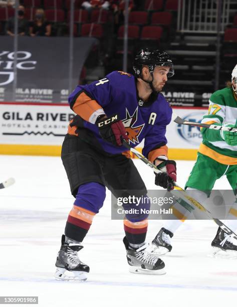 Niklas Hjalmarsson of the Arizona Coyotes skates up ice against the Minnesota Wild at Gila River Arena on March 06, 2021 in Glendale, Arizona.