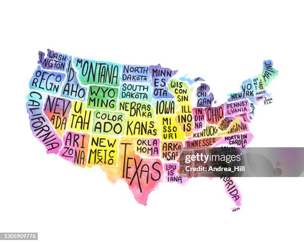 usa states map watercolor and pen illustration with state names. vector eps10 illustration - united states map black and white stock illustrations