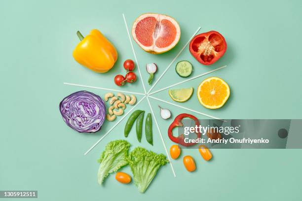 flay lay sliced vegan food making circular pie chart. - healthy eating concept stock pictures, royalty-free photos & images