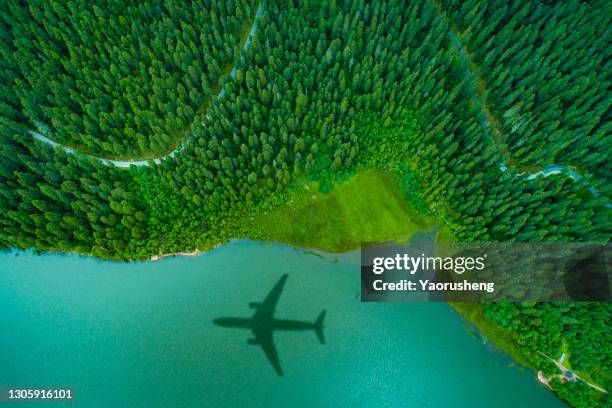 airplane shadow over the island forest,green concept - airline industry stock-fotos und bilder