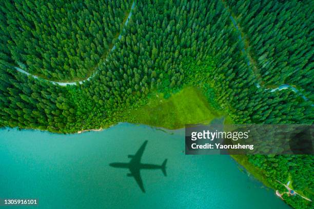 airplane shadow over the island forest,green concept - aerospace stockfoto's en -beelden