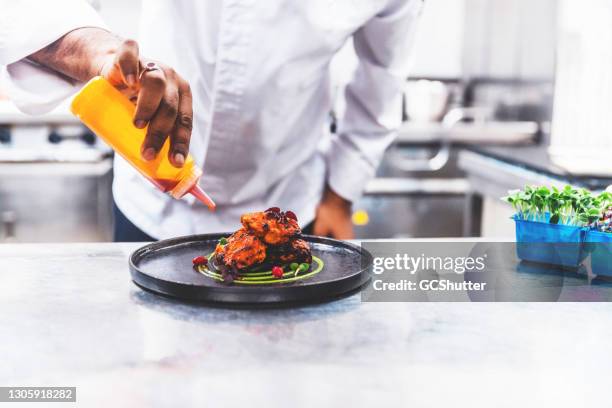 professionele chef platting gegrilde kip tikka in een gastronomische keuken - indian dish stockfoto's en -beelden