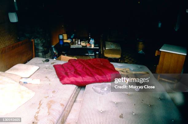 The interior of naturalist Dian Fossey's cabin at the Karisoke Mountain Gorilla Research Centre in Rwanda, 1988. She was found murdered here in...