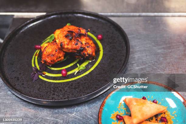 professionally platted freshly grilled chicken tikka - chicken tandoori stock pictures, royalty-free photos & images