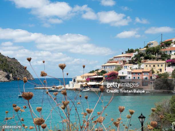 the quaint small beach town of assos asos on the greek island kefalonia is picture perfect greece - kefalonia fotografías e imágenes de stock