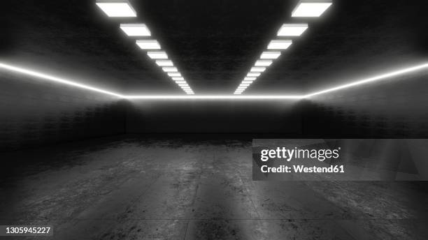 three dimensional render of dark empty warehouse - dark warehouse stock illustrations