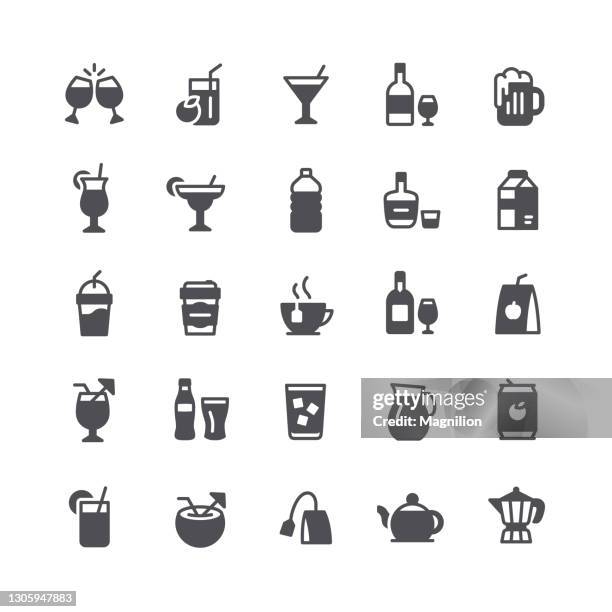 alcohol, cocktails and drinks flat icons set - stein stock illustrations