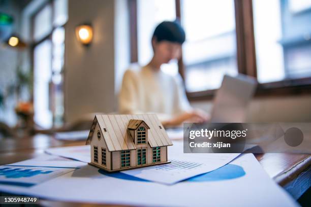 makelaar die aan laptop werkt - housing loan stockfoto's en -beelden