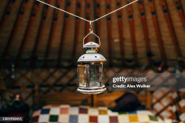 metal lantern in traditional yurt interior - mongolsk kultur bildbanksfoton och bilder