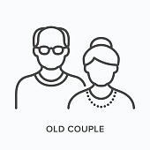 Old couple flat line icon. Vector outline illustration of grandfather and grandmother. Black thin linear pictogram for senior people