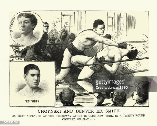 victorian boxing bout, joe choynski vs denver ed smith, new york, boxers punching - boxer vintage stock illustrations