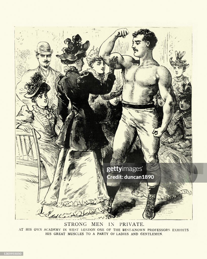 Victorian Rigidity Victorian Strongman Showing Off His Muscles To Women 19th Century High ...