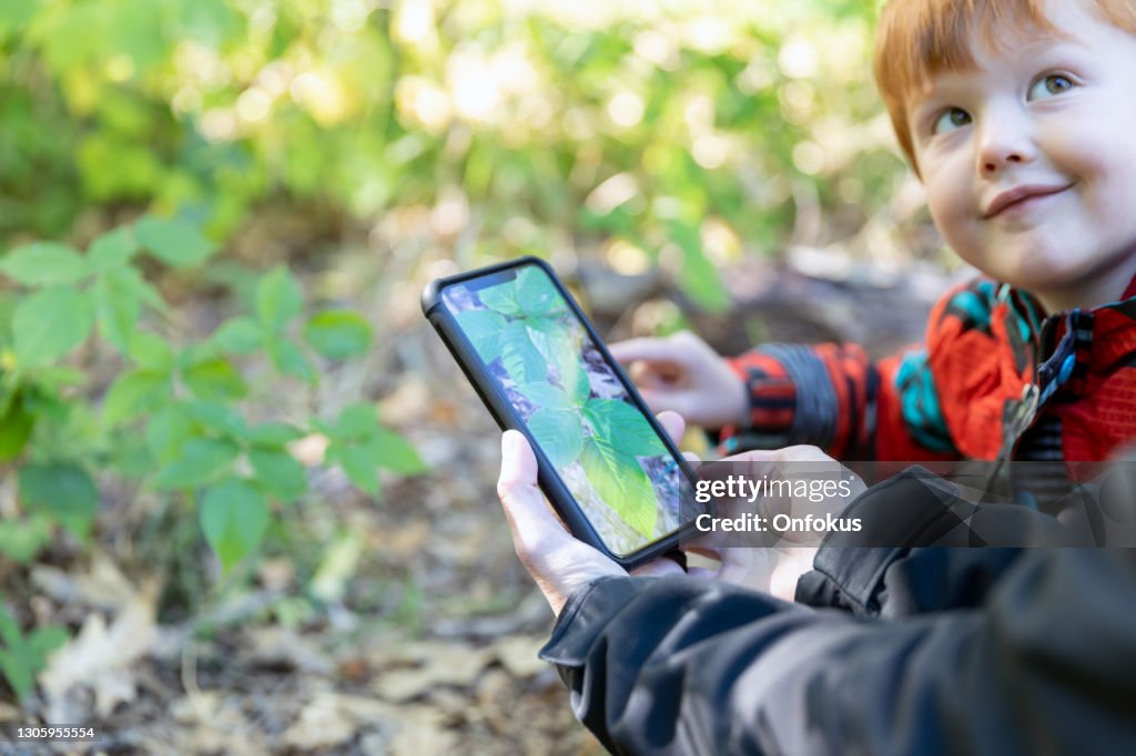 Mother and Son Hiking in the Forest and Learning about Plants and Poison Ivy with Mobile App