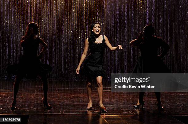 Actress Naya Rivera performs at the "GLEE" 300th musical performance special taping at Paramount Studios on October 26, 2011 in Los Angeles,...
