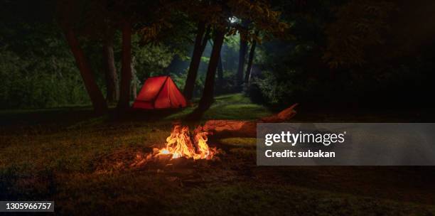 lagerfeuer und zelt bei nacht im wald - zelt nacht stock-fotos und bilder