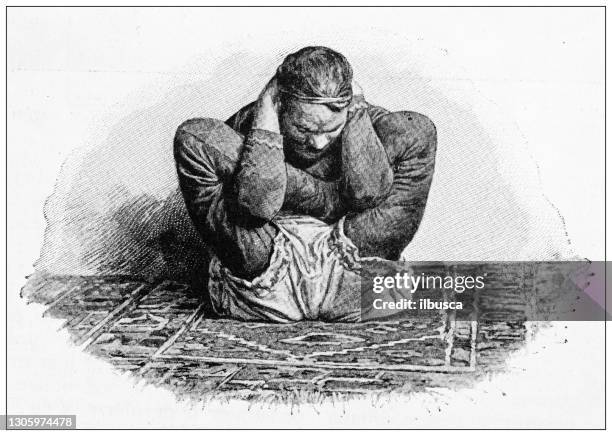 antique black and white photograph: fakir - contortionist stock illustrations