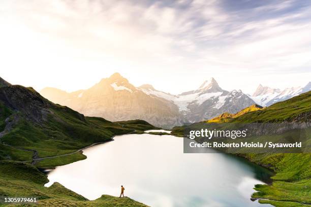 hiker in the mist at dawn at bachalpsee lake, switzerland - switzerland stock pictures, royalty-free photos & images