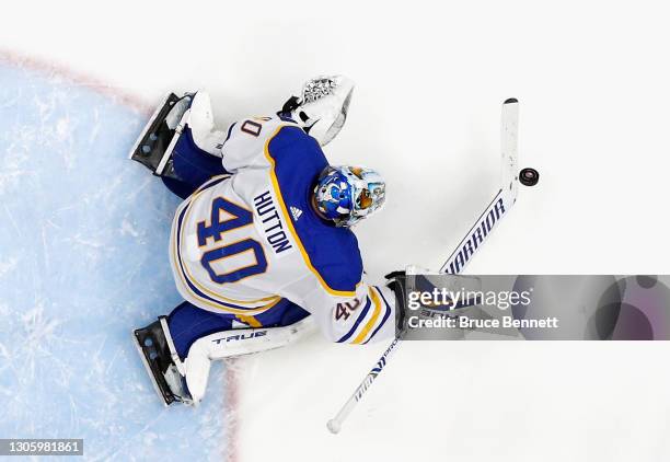 Carter Hutton of the Buffalo Sabres skates against the New York Islanders at the Nassau Coliseum on March 06, 2021 in Uniondale, New York.