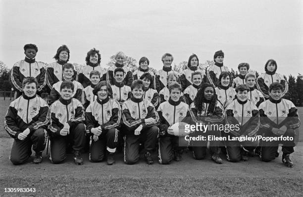 The England team squad posed together on the first day of competition in the 1991 Women's Rugby World Cup tournament in Cardiff, Wales on 6th April...