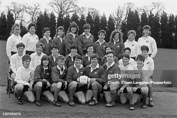 The United States team squad posed together on the first day of competition in the 1991 Women's Rugby World Cup in Cardiff, Wales on 6th April 1991....