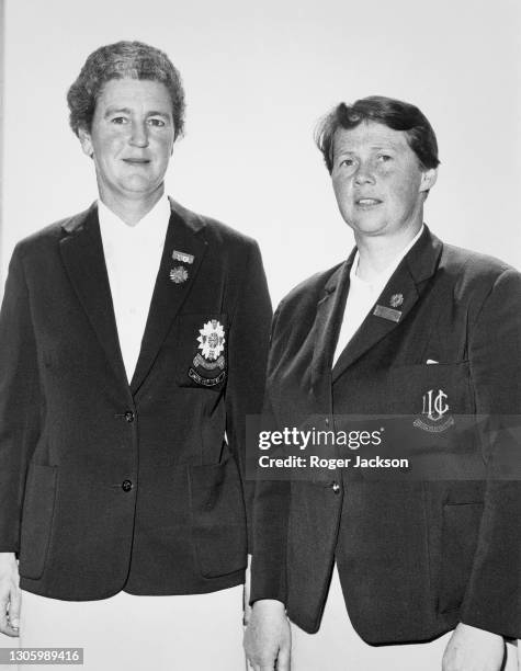 Jeanne Bisgood, Captain of the Great Britain and Ireland team with vice captain Joan Lawrence, pose for photographs before departing for the 16th...