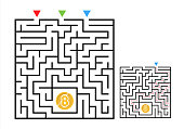 Square maze labyrinth game with bitcoin. Labyrinth logic conundrum for kids. Three entrance and one right way to go. Vector flat illustration