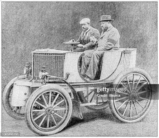 antique black and white photograph: different car, carts and carriages of the world - car race old stock illustrations