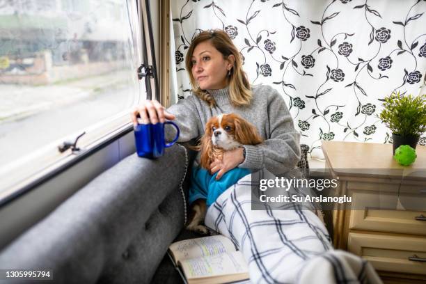 adult woman looking out of the window with her dog and thinking about her life and future in her caravan - emotional support animal stock pictures, royalty-free photos & images