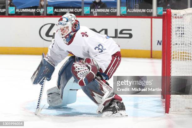 Goaltender Hunter Miska of the Colorado Avalanche stands ready against the Anaheim Ducks at Ball Arena on March 06, 2021 in Denver, Colorado.
