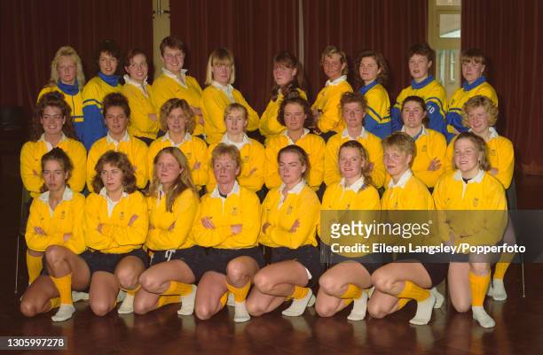 The Sweden team squad posed together on the first day of competition in the 1991 Women's Rugby World Cup in Cardiff, Wales on 6th April 1991. Members...