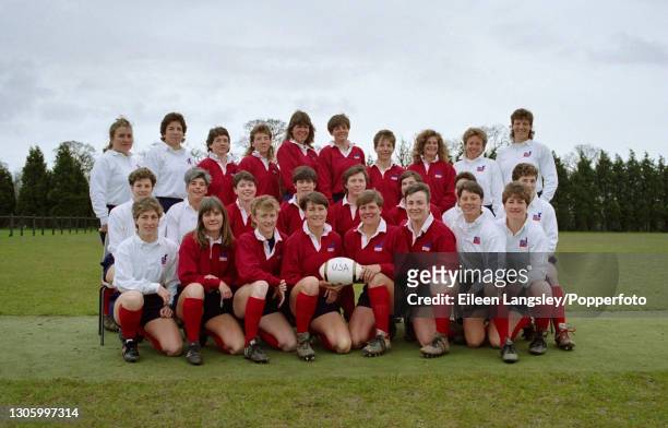 The United States team squad posed together on the first day of competition in the 1991 Women's Rugby World Cup in Cardiff, Wales on 6th April 1991....