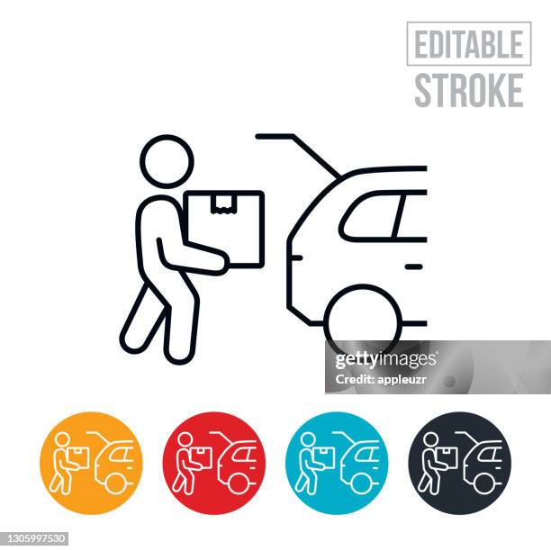 person loading box into vehicle thin line icon - editable stroke - essential services icons stock illustrations