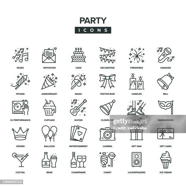 ilustraciones, imágenes clip art, dibujos animados e iconos de stock de conjunto de iconos de línea de fiesta - celebracion