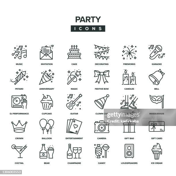 ilustraciones, imágenes clip art, dibujos animados e iconos de stock de conjunto de iconos de línea de fiesta - petardos