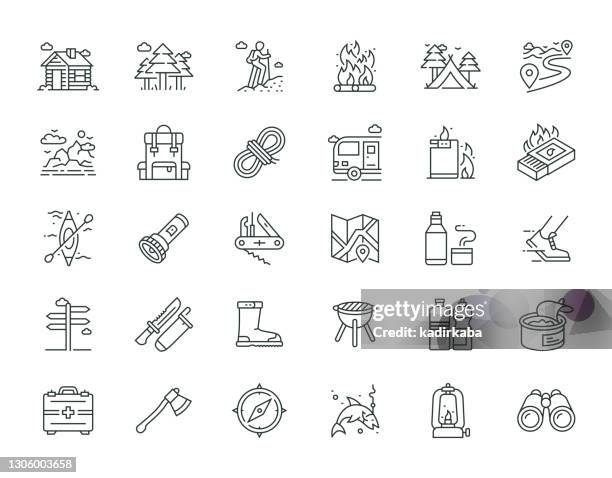 outdoor recreation thin line icon set serie - kanusport stock-grafiken, -clipart, -cartoons und -symbole