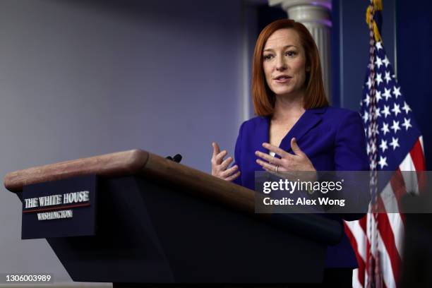 White House Press Secretary Jen Psaki speaks during a daily press briefing at the James Brady Press Briefing Room of the White House March 8, 2021 in...