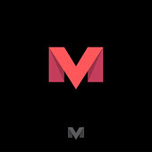 M letter. M origami monogram consist of red ribbon.