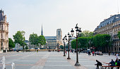 Square in front of Hotel de Ville with Notre-Dame de Paris Cathedral at background, Paris, France