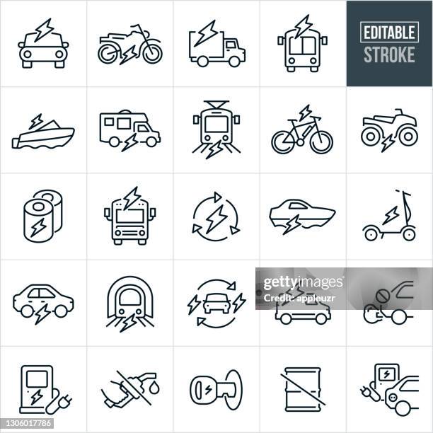 stockillustraties, clipart, cartoons en iconen met elektrische voertuigen thin line pictogrammen - bewerkbare lijn - crossed out