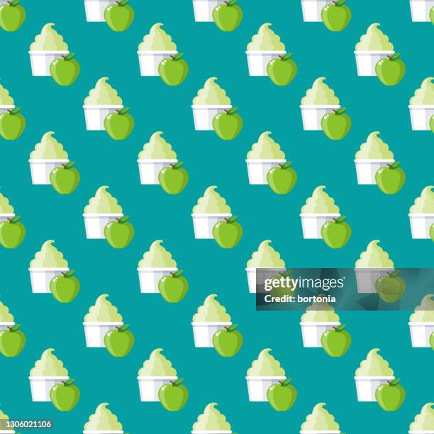 green apple ice cream pattern - yoghurt pot stock illustrations