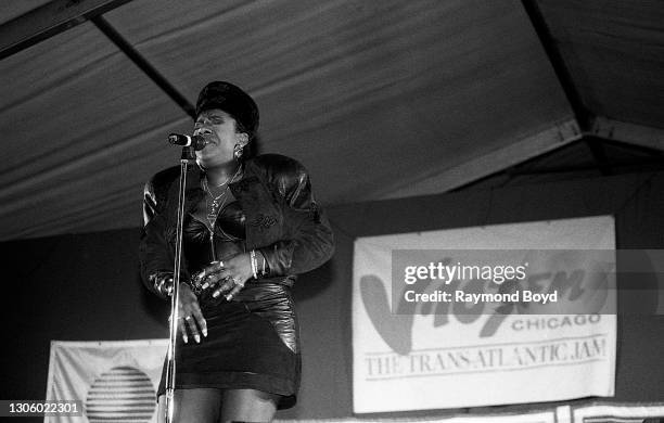 Singer Alyson Williams performs on an army base during the V-103 FM Chicago USO Trans-Atlantic Jam in Vilseck, West Germany in June 1990.