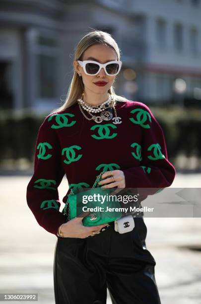 Leonie Hanne wearing a full Chanel look on March 08, 2021 in Hamburg, Germany.
