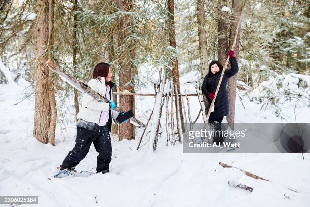 girls making a shelter from tree branches in the snow - winter hut stock pictures, royalty-free photos & images