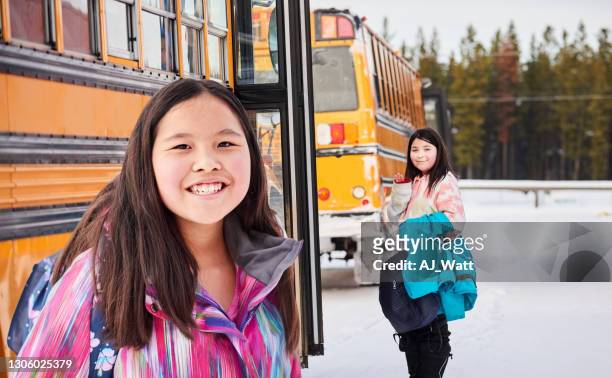 today's snowshoeing was so much fun - school bus kids stock pictures, royalty-free photos & images