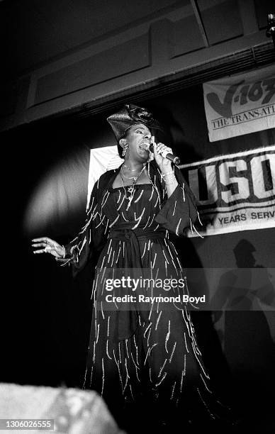 Singer Alyson Williams performs on an army base during the V-103 FM Chicago USO Trans-Atlantic Jam in Baumholder, West Germany in June 1990.