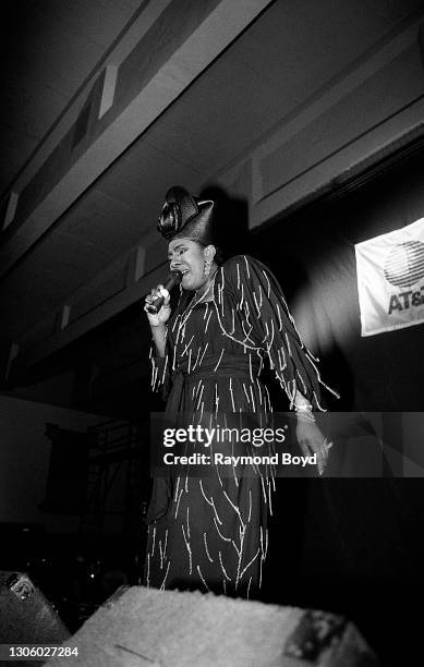 Singer Alyson Williams performs on an army base during the V-103 FM Chicago USO Trans-Atlantic Jam in Baumholder, West Germany in June 1990.