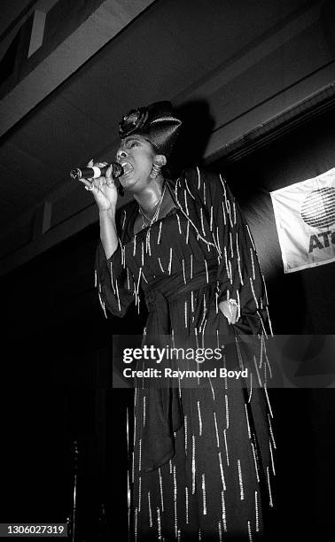 Singer Alyson Williams performs on an army base during the V-103 FM Chicago USO Trans-Atlantic Jam in Baumholder, West Germany in June 1990.