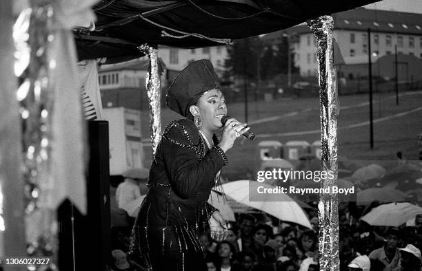 Singer Alyson Williams performs on an army base during the V-103 FM Chicago USO Trans-Atlantic Jam in Pirmasens, West Germany in June 1990.