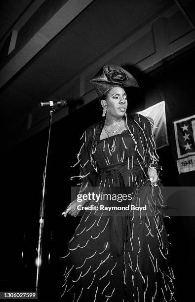 Singer Alyson Williams performs on an army base during the V-103 FM Chicago USO Trans-Atlantic Jam in Baumholder, West Germany in June 1990.