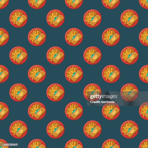 ilustrações de stock, clip art, desenhos animados e ícones de fish and chips meal pattern - bacalhau